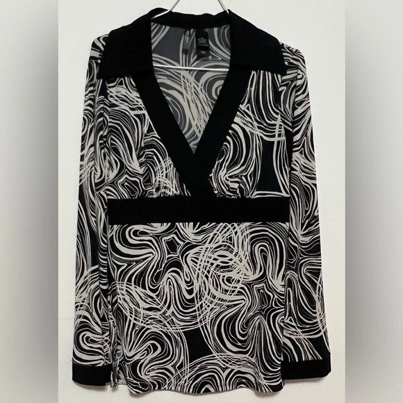 Bisou Bisou Retro Blouse Flare Sleeves Medium Black/Cream color - Picture 1 of 5
